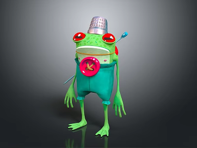 Cartoon Frog with Silver Chef Hat Red Eyes Green Pants Red Badge and Blue Spoon 3d model