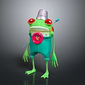 Cartoon Frog with Silver Chef Hat Red Eyes Green Pants Red Badge and Blue Spoon