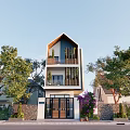 Modern Detached Villa Exterior Design With Balcony Trees Purple Flowers Stone Wall Gate