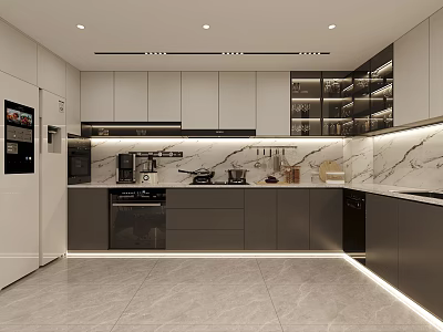 Modern Kitchen Interior Featuring White Gray Cabinets Marble Countertops Appliances And Gray Tiled Flooring 3d model