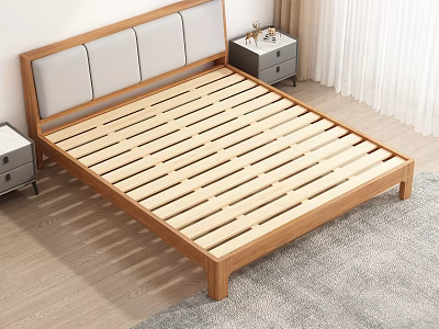 Wooden Frame Double Bed With Grey Padded Headboard And Side Nightstands 3d model