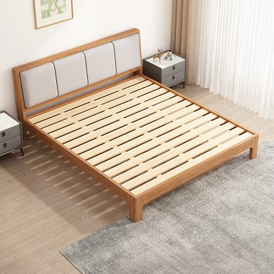 Wooden Frame Double Bed With Grey Padded Headboard And Side Nightstands 3d model