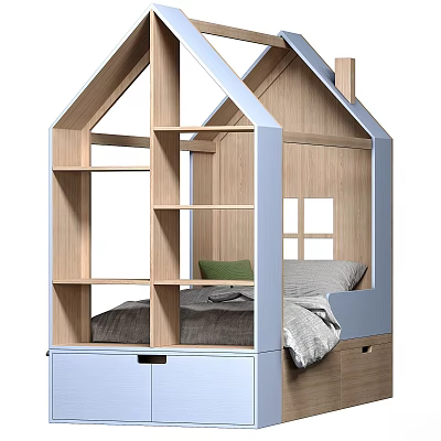 House Shaped Baby Crib With Wooden Structure Blue Light Wood Color Shelves Drawers 3d model