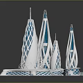 Modern Sculptural Tower Design With White Blue Lattice Structures And Connecting Bridges