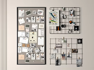 Creative Photo Wall Design With Grid Panels Photos Notes And Decorative Cards 3d model