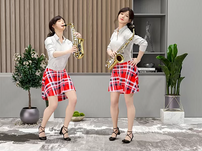 Women Playing Saxophone in White Shirts and Red Plaid Skirts with Indoor Plants 3d model