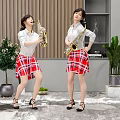 Women Playing Saxophone in White Shirts and Red Plaid Skirts with Indoor Plants