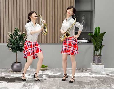 Women Playing Saxophone in White Shirts and Red Plaid Skirts with Indoor Plants 3d model