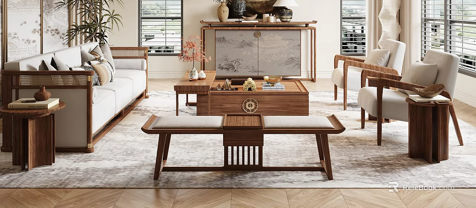 Traditional Chinese Living Room Interior With Wooden Sofa And Coffee Table Set And Decorative Ornaments 3d model 