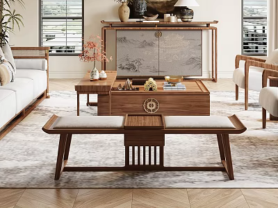 Traditional Chinese Living Room Interior With Wooden Sofa And Coffee Table Set And Decorative Ornaments 3d model