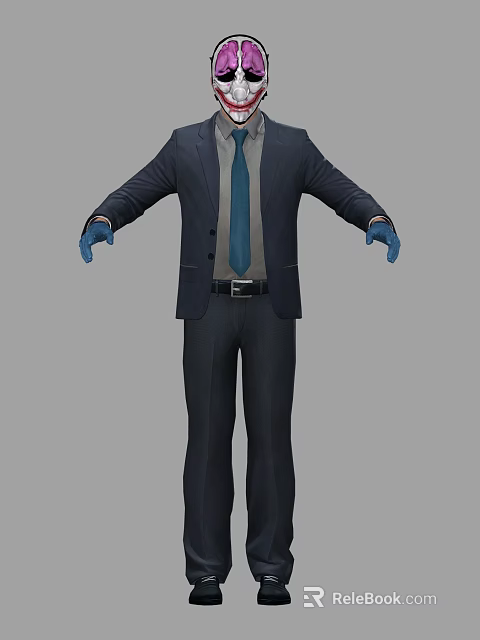 A Man in Formal Suit with Blue Gloves and Arms Outstretched Against Gray Background 3d model 