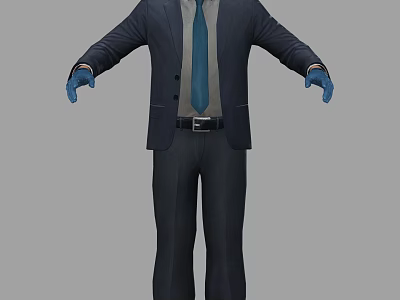 A Man in Formal Suit with Blue Gloves and Arms Outstretched Against Gray Background 3d model