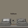 Poliform Gray Single Beds With Pillows And Small Table On Beige Wall 3d model