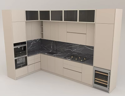 Modern Kitchen Cabinets Design With Marble Countertop And Built-in Appliances 3d model