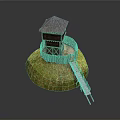 Scenic Small Island With Wooden Watchtower Green Grass And Staircase