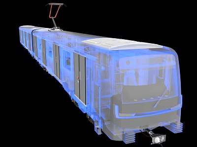 Transparent Metro Train 3D Rendering With Internal Structure And Blue Illumination 3d model