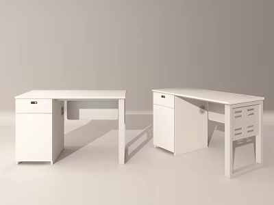 White Office Desks With Straight And L Shaped Design Drawers And Cabinets 3d model