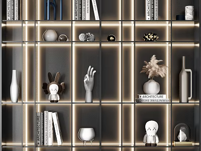Modern Decorative Ornament Set On Grid Shelves With Books Vases And Sculptures 3d model