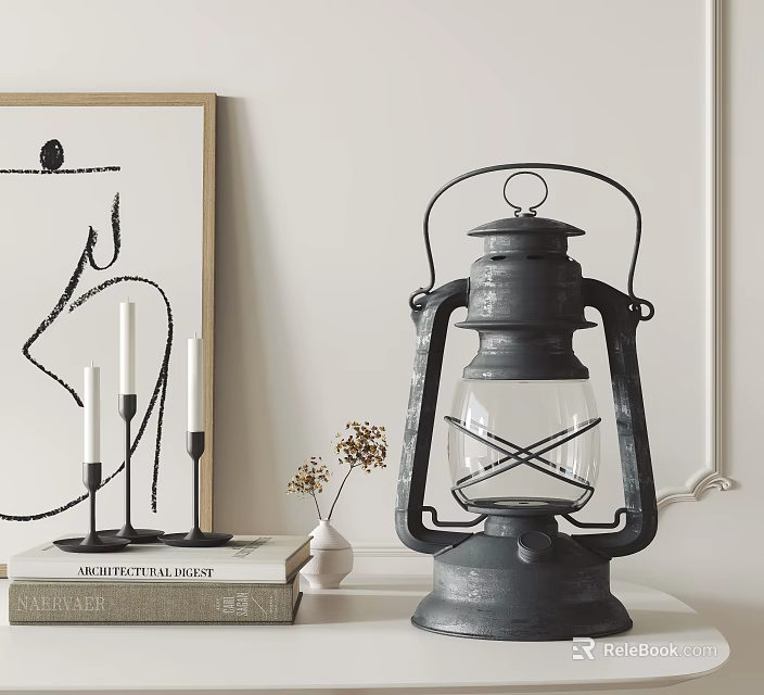 Vintage Glass Candle Lantern with Metal Frame on Stack of Books and Dried Flowers 3d model 