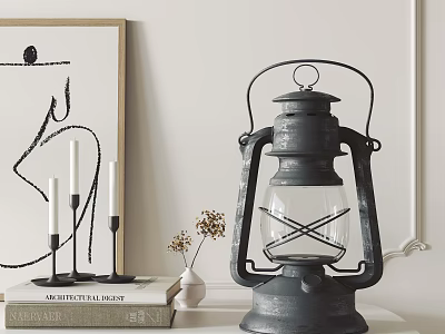 Vintage Glass Candle Lantern with Metal Frame on Stack of Books and Dried Flowers 3d model