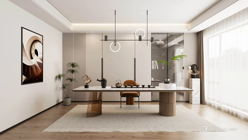 Modern Tea Room Interior With Long Table Pendant Lights And Plants 3d model