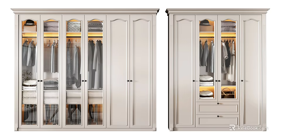 Modern White Wardrobe Interior Design With Glass Doors Hanging Clothes Drawers And Shelves 3d model 