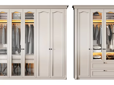 Modern White Wardrobe Interior Design With Glass Doors Hanging Clothes Drawers And Shelves 3d model