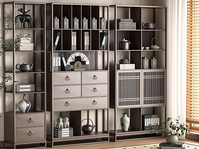 Chinese Style Display Shelf with Antique Teapots Books Vases and Decor in Modern Traditional Interior 3d model