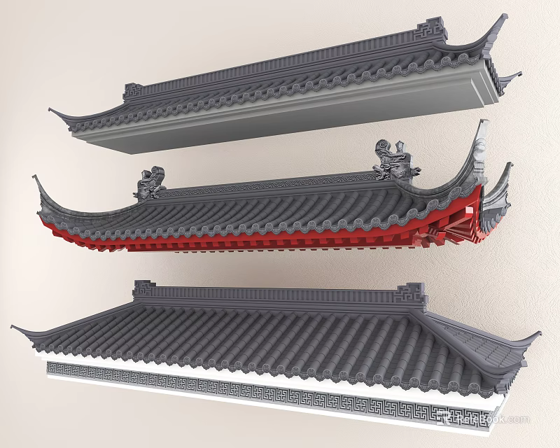 Classic Ancient Architecture Roofs With Ornate Tiles And Curved Eaves 3d model 