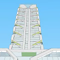 Modern Skyscraper with Geometric Design Glass Windows Trees at Base and Blue Sky White Clouds
