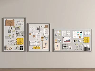 Organized Workspace Bulletin Boards On Wall With Papers Charts And Project Notes 3d model