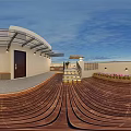 Cozy Outdoor Terrace With Wooden Flooring Table And Chairs Sunshade Umbrella And Flower Bushes