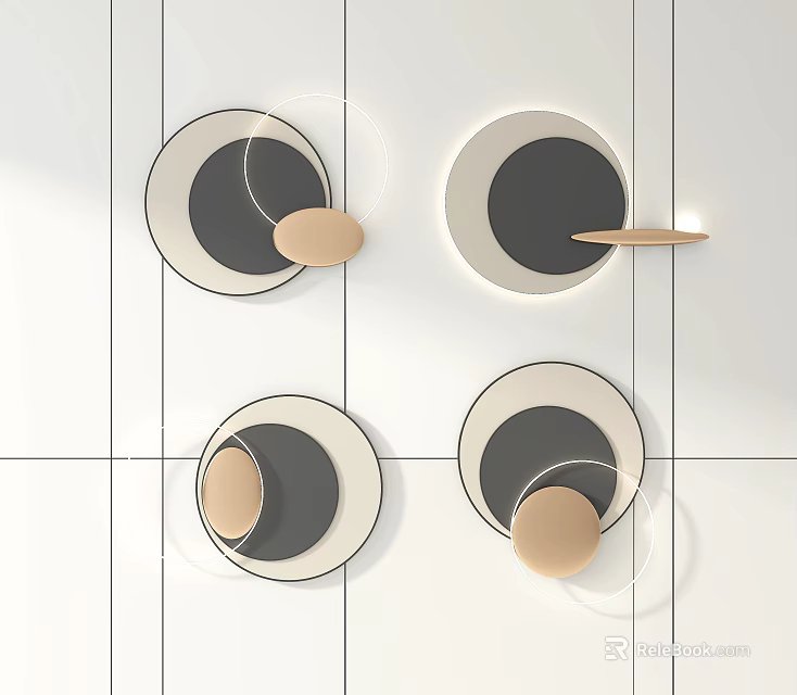 Modern Circular Wall Decor with Different Designs Black Beige White Elements and Small Trays 3d model