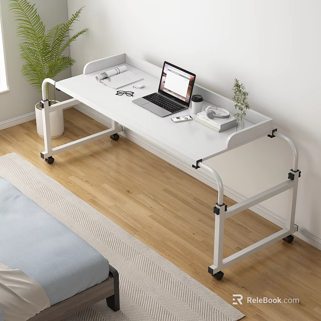 White Mobile Office Desk With Laptop Office Supplies And Small Plant 3d model 