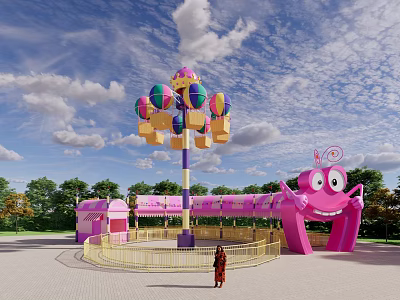 Colorful Pink Amusement Rides With Flying Chair Ride And Cartoon Bug Structure 3d model