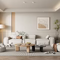 Modern Living Room Interior With Beige Sofa Bean Bags Wooden Coffee Table And Decorative Painting