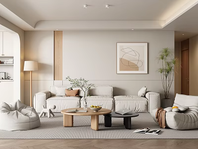 Modern Living Room Interior With Beige Sofa Bean Bags Wooden Coffee Table And Decorative Painting 3d model