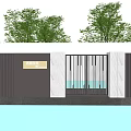 Modern Entrance Gate Design Featuring White Frame Glass Door Trees And Reflection On Gray Ground