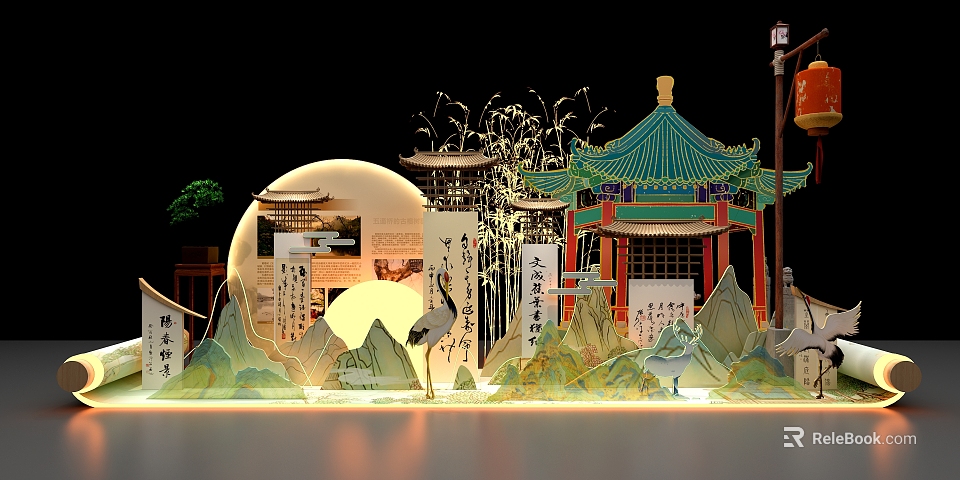 Traditional Chinese Style Liquor Store Featuring Pavilion Moon Mountain Crane And Calligraphy Decor 3d model 