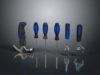 Essential Hardware Tools Set With Hammer Screwdrivers Wrenches And Blue Black Handles 3d model