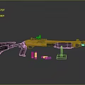 Yellow And Black Shotgun With Ammunition And Display Stand On Black Surface