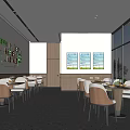 Modern Restaurant Interior Design With Tables Chairs Wall Decorations And Large Windows 3d model
