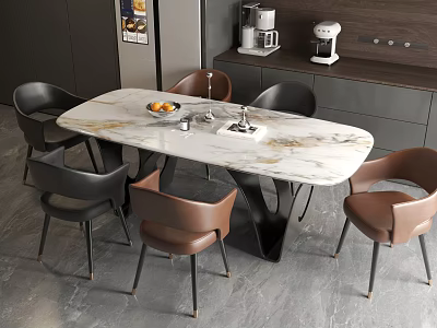 Modern Oval Marble Top Dining Table Set With Black And Brown Chairs 3d model