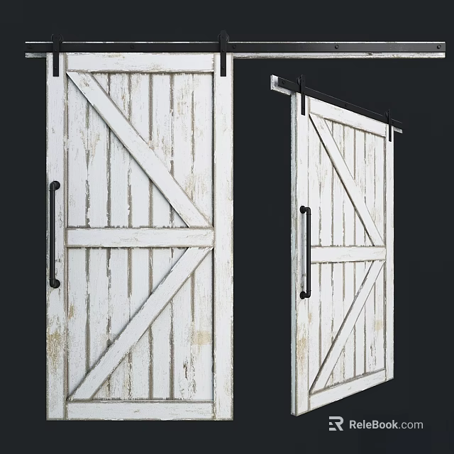 Rustic White Hinged Door With Wooden Texture Cross Panel And Black Handle 3d model 