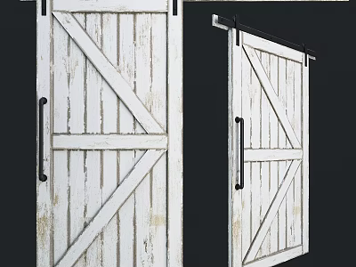 Rustic White Hinged Door With Wooden Texture Cross Panel And Black Handle 3d model