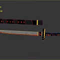 Samurai Sword With Decorative Red Accents Black Sheath Gold Handle And Detailed Patterns
