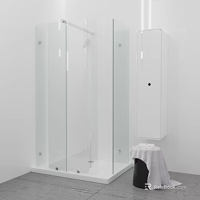 Modern Minimalist Bathroom With Glass Shower Enclosure White Storage Cabinet And Towel 3d model 
