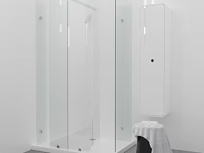 Modern Minimalist Bathroom With Glass Shower Enclosure White Storage Cabinet And Towel 3d model