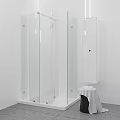 Modern Minimalist Bathroom With Glass Shower Enclosure White Storage Cabinet And Towel
