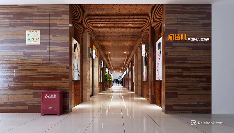 Bright Elevator Hallway With Wooden Walls Advertisement Posters And White Tiled Floor 3d model 